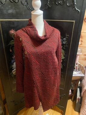 Red and Black Striped Cowl Neck Sweater with Side Button Detail